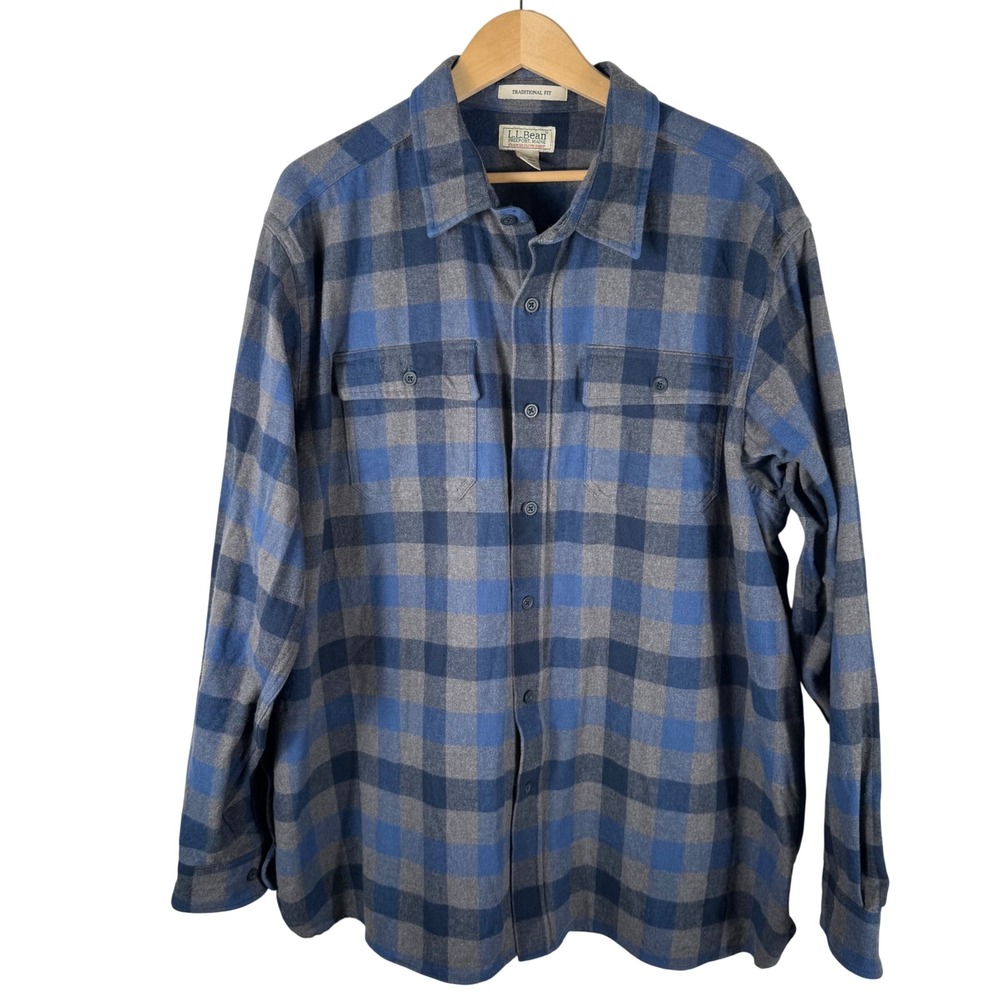 LL Bean Chamois Cloth Shirt Mens XXL Blue Grey Plaid Traditional Fit 277981 - Picture 4 of 7